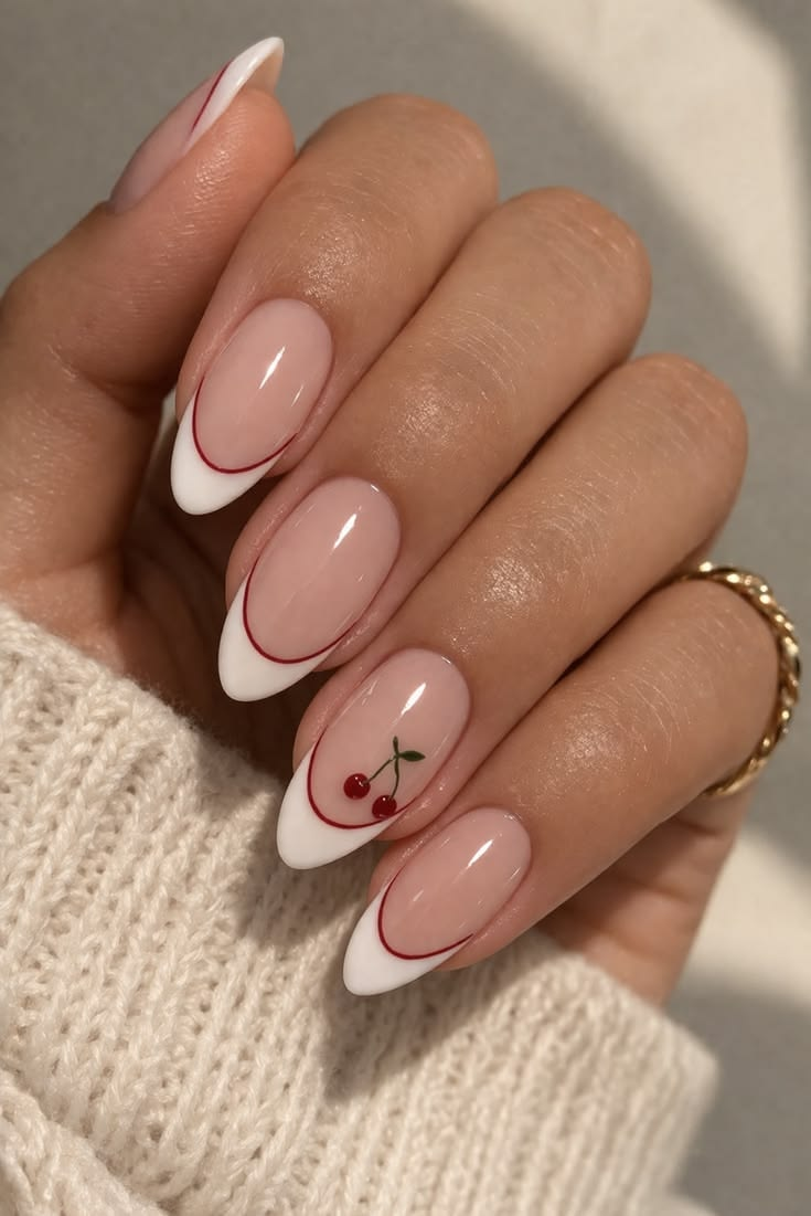 White French tips with a fine red line and cherry detail